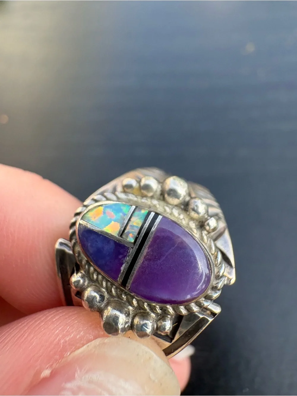 LP (Loren Philips) Native American Sterling Silver Purple Mosaic Ring - Size 8